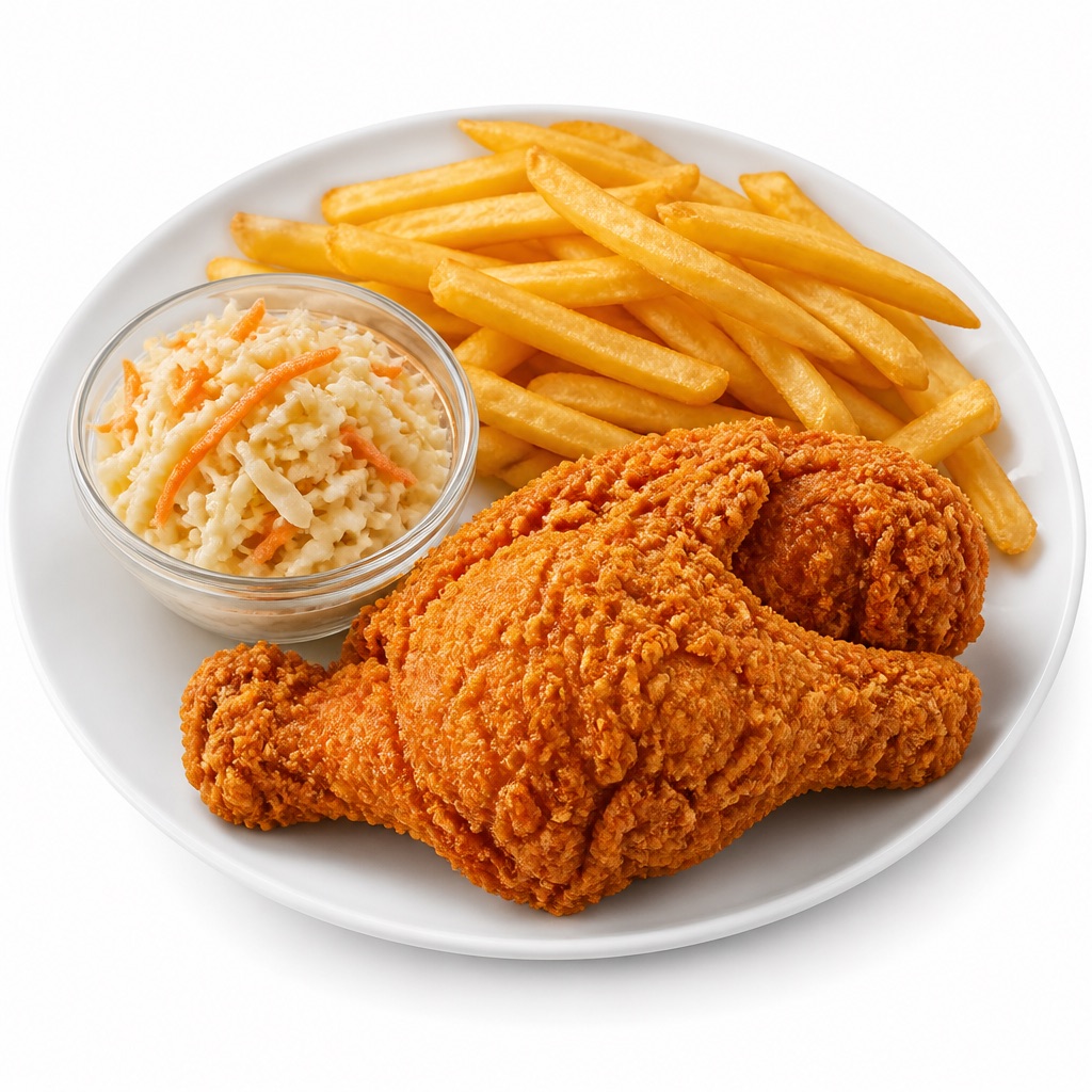 Crispy Broasted Hähnchen mit Pommes frites und Krautsalat